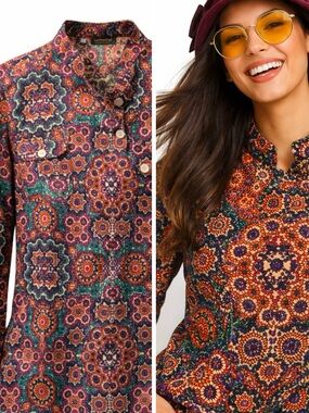 NWT Organic Cotton Boho Retro Floral Print Mandarin Collar Button Up Blouse Top